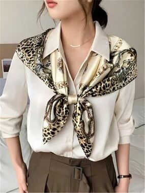 27.5" Mulberry Silk Feeling Head Scarf Beige Animal Print Square Neck Scarfs